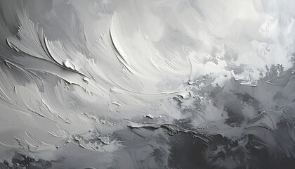 Expressive painting with thick, swirling strokes in shades of gray and white, creating texture and a sense of movement