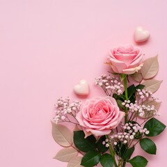 Pink roses and baby's breath with hearts on pink background