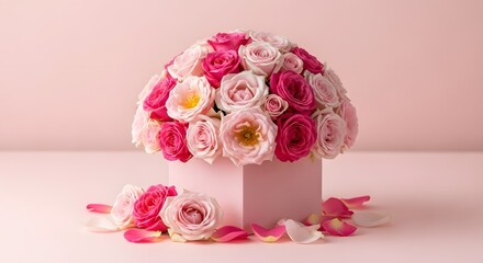 Assorted pink roses in a square box with scattered petals