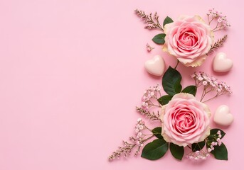 Pink roses and hearts on a soft pink background