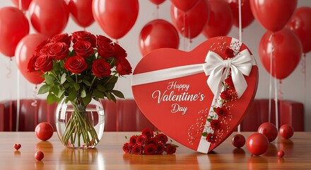 Valentine's Day gift box, roses, and balloons with Happy Valentine's Day