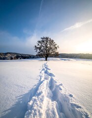 Footprints lead to a solitary tree in a snow-covered field under a bright blue sky