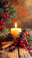 Festive arrangement with a lit candle, pinecones, berries, and cinnamon sticks on weathered wooden planks