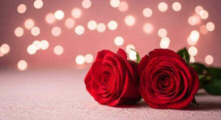 Two red roses on pink textured surface with soft bokeh lights