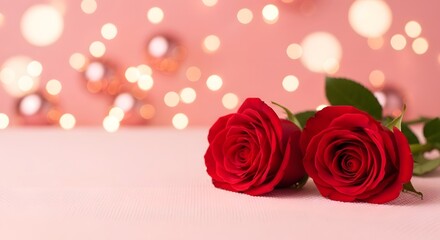 Two red roses on pink textured surface with soft bokeh lights