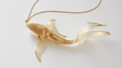 Fototapeta premium Elegant koi fish necklace in 18k gold wire mesh with flowing tail fin, hyper-realistic jewelry design, detailed texture, and professional studio lighting. 