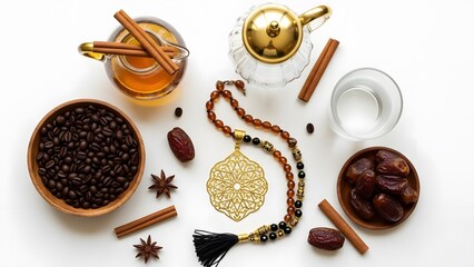 Ramadan Iftar table setting with coffee, dates, and prayer beads