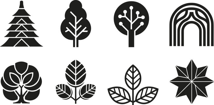 Collection of Eight Minimalist Black Nature Icons Featuring Geometric Trees Leaves Pagoda and Abstract Floral Shapes for Modern Eco Friendly Graphic Design Projects