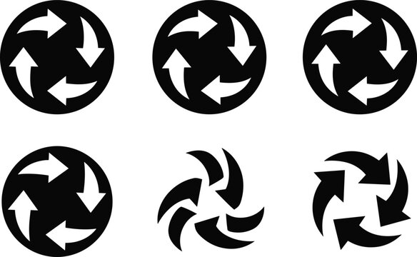 Collection of Six Black Circular Arrow Icons Representing Recycling Symbols Loop Progress and Continuous Process for Sustainable Business Industry and Environmental Graphic Designs