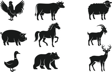 Fototapeta premium Detailed Black Silhouettes of Diverse Animals Including Cow Horse Pig Sheep Goat Rooster Duck Bear and Deer for Farm Nature and Wildlife Designs,t