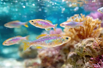 Colorful Tropical Fish Swimming Among Vibrant Coral Reefs in Crystal Clear Ocean Waters, Showcasing Marine Life Diversity and Underwater Beauty
