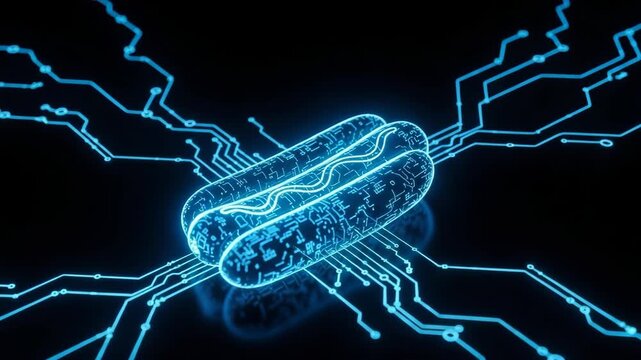 Neon-blue Rendered Hot Dog With Circuit-board Textures Is Centered Against Black Background With Radiating Circuit Board Lines Digital Food Processing For Tech Food-related Concepts