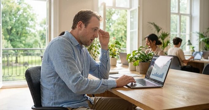Stressed professional working at desk in bright office setting