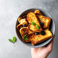 French toast topped with butter, berries and mint sits in a grey bowl being held above a textured grey surface