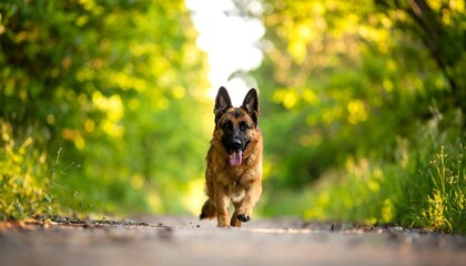 German shepherd running on dirt path, surrounded by trees and greenery, sunlit background