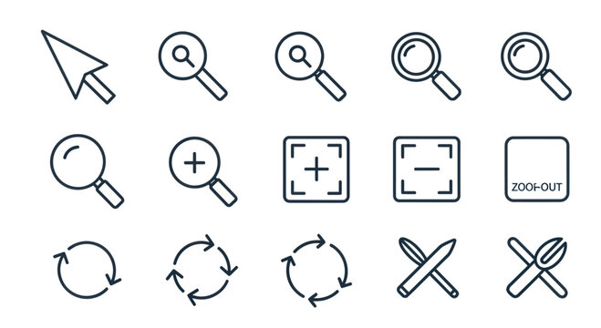 Set of various cursor and zoom line icons for user interface.