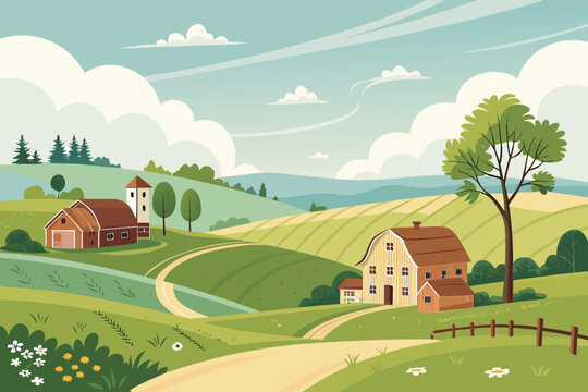 Depicting Rural Farm With Peaceful Village Vibrant Premium Digital Asset
