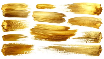 Golden brush strokes of varying widths and textures, creating an artistic arrangement on a clean white background