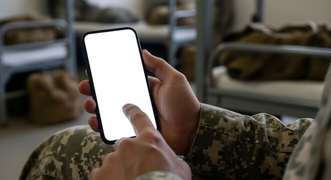 Soldier using smartphone in military barracks with bunk beds and equipment, viewed from behind.