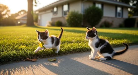 Two adorable cats on sidewalk outside.