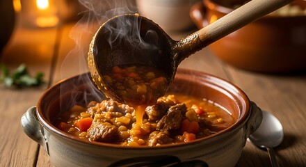 Hearty stew being served from pot.