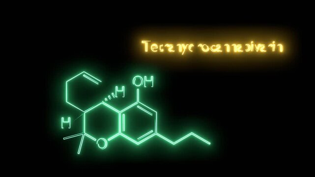 Tetrahydrocannabivarin or THCV molecular structural chemical formula. Futuristic science backdrop. Pharmacology concept