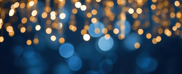 A blurred background of shimmering lights in warm gold and cool blue tones, creating a dreamy, festive atmosphere.