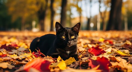 Black cat in autumn leaves outdoors.