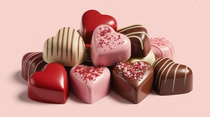 Obraz premium A pile of heart-shaped chocolates in various colors with sprinkles on a light pink background
