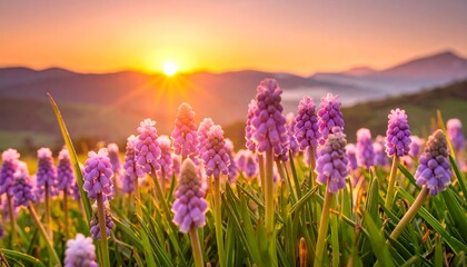 Grape hyacinths blossom at sunset, mountains in the background