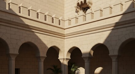 People standing under archways in building.