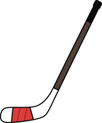 Vector illustration of an ice hockey stick featuring a brown wooden shaft, a black grip handle, and a white blade wrapped in red tape, designed in a flat cartoon style.