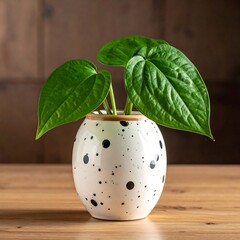 Green leafy plant nestled in a speckled white vase, sitting atop a wood table, against a wood backdrop