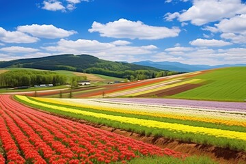 A vibrant landscape featuring colorful tulip fields under a blue sky with fluffy clouds and rolling hills in the background.