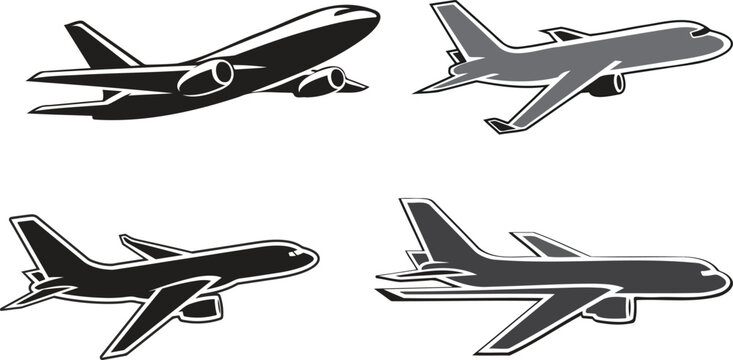 Airplane flying icon vector silhouette illustration depicting commercial passenger jet plane travel and transportation