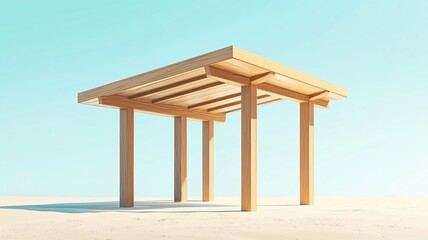 Minimalist Wooden Structure on Sandy Desert Under Clear Blue Sky