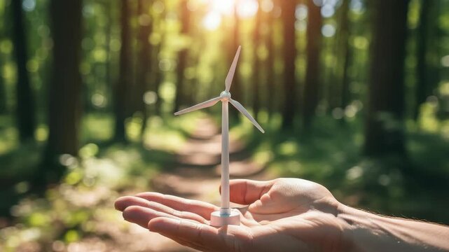 Human Hand Cradles Miniature Wind Turbine Clean Energy In Lush Forest With Blurred Foliage Sunlight Sustainability Eco-friendly Practices