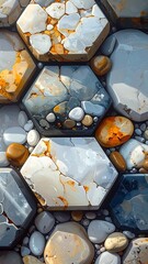 Hexagonal stone pavement, varied in shades of gray, white and hints of orange