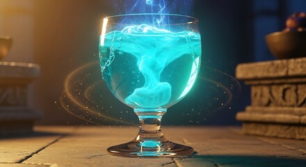Glowing blue cocktail in wine glass.
