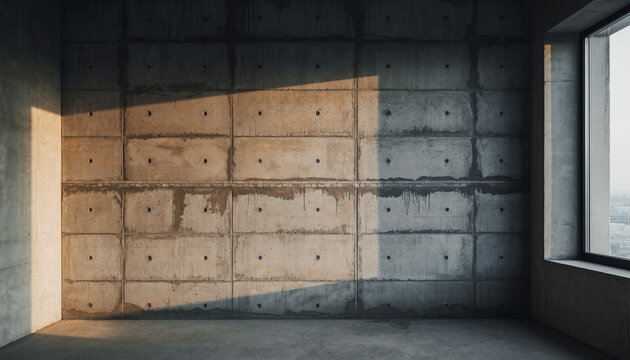 Exposed Fair-Faced Concrete Wall Interior with Geometric Sunlight Shadows