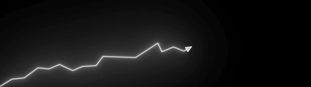 Glowing white line graph with upward trend arrow on dark background for business growth and success concepts