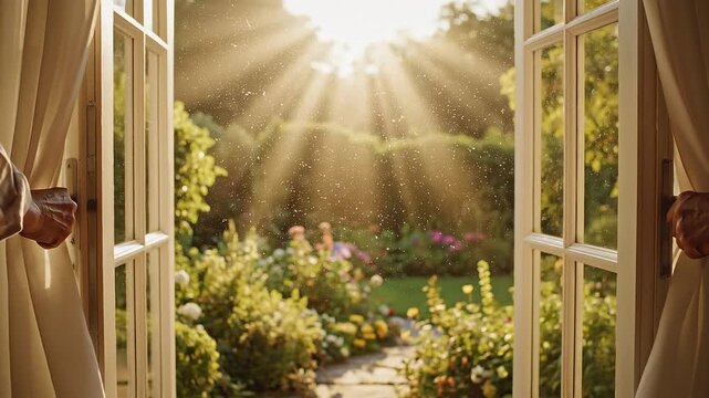 Hands opening white French windows to sunny garden with flowing curtains