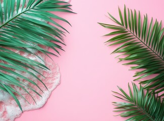 A vibrant pink background featuring green palm leaves and foamy white waves, creating a tropical and refreshing aesthetic.