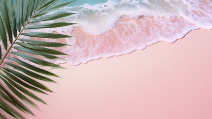 A tranquil beach scene featuring gentle waves lapping against a soft pink shore, complemented by a lush green palm leaf.