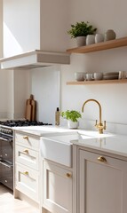 modern country kitchen with soft greige shaker cabinets, white quartz countertops