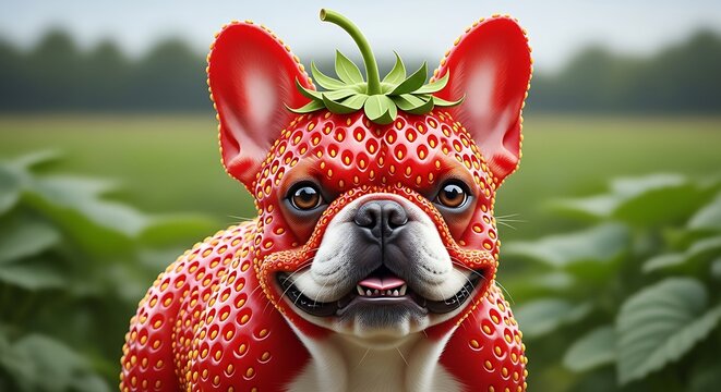 Main Subject: A whimsical, anthropomorphic French Bulldog hybrid with skin textured like a ripe strawberry.