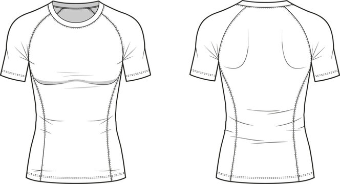 Women fitted raglan t shirt technical fashion flat sketch front and back view athletic compression top design template