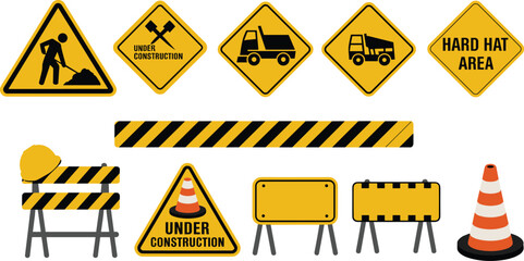 Construction safety warning signs and roadwork elements set including barriers cones helmets traffic symbols and under construction notices illustration vector © SreeShoyagini