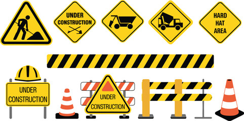 Construction safety warning signs and roadwork equipment set featuring barriers cones helmets vehicles and under construction hazard symbols illustration © SreeShoyagini