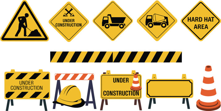 Construction safety signs and roadwork warning elements set including barriers cones helmets and under construction symbols illustration